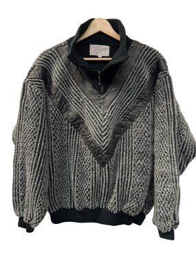 Midway Vintage 80's Quarter Zip Textured Sweater with Leather Trim